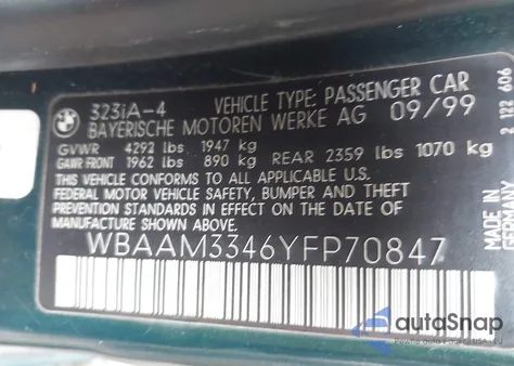 2000 BMW 323I из США, поврежденный, VIN WBAAM3346YFP70847